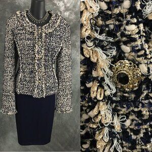 BEAUTIFUL St John couture knit blue beige gold shimmer jacket skirt suit 12